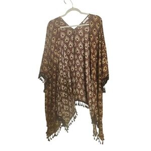 Glamorous Boho Ikat Print Tassel Fringe Kimono Wrap Cardigan Earth Tones OS